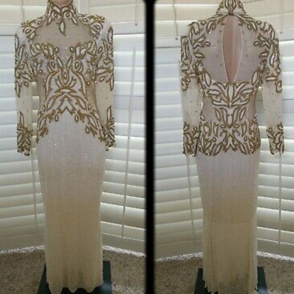 Oleg Cassini Couture Gown Womens 6 White Gold Excellent 80s Beaded Silk Wedding